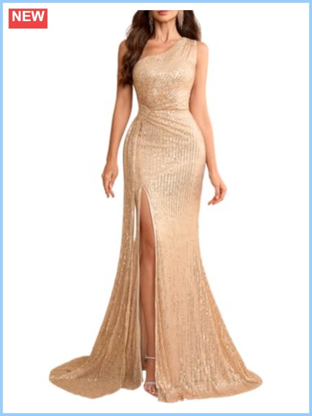 One Shoulder Sequin Maxi Prom Dress Mermaid Evening Gown with Slit
